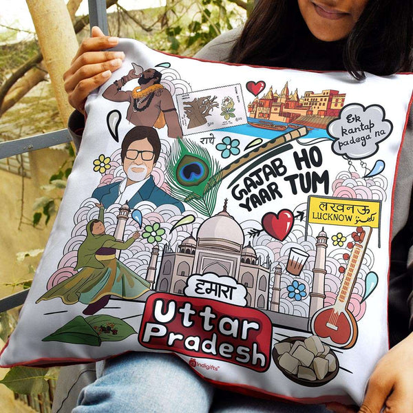Uttar Pradesh Discovering India Doodle Art Reversible Zipper Cushion with Filler