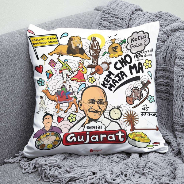 Gujarat Discovering India Doodle Art Reversible Zipper Cushion with Filler