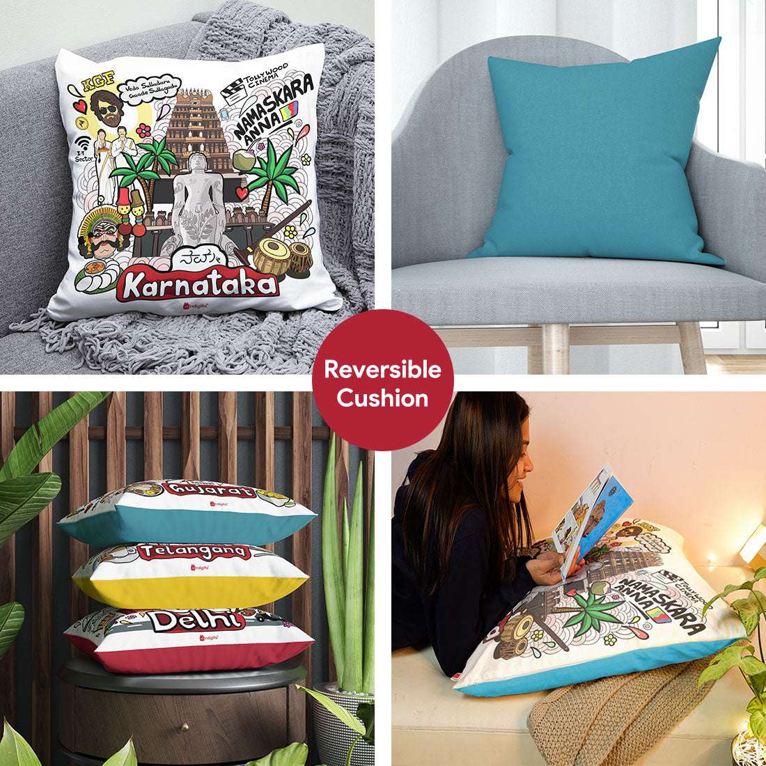 Karnataka - Doodle Art Reversible Zipper Cushion with Filler - Discovering India