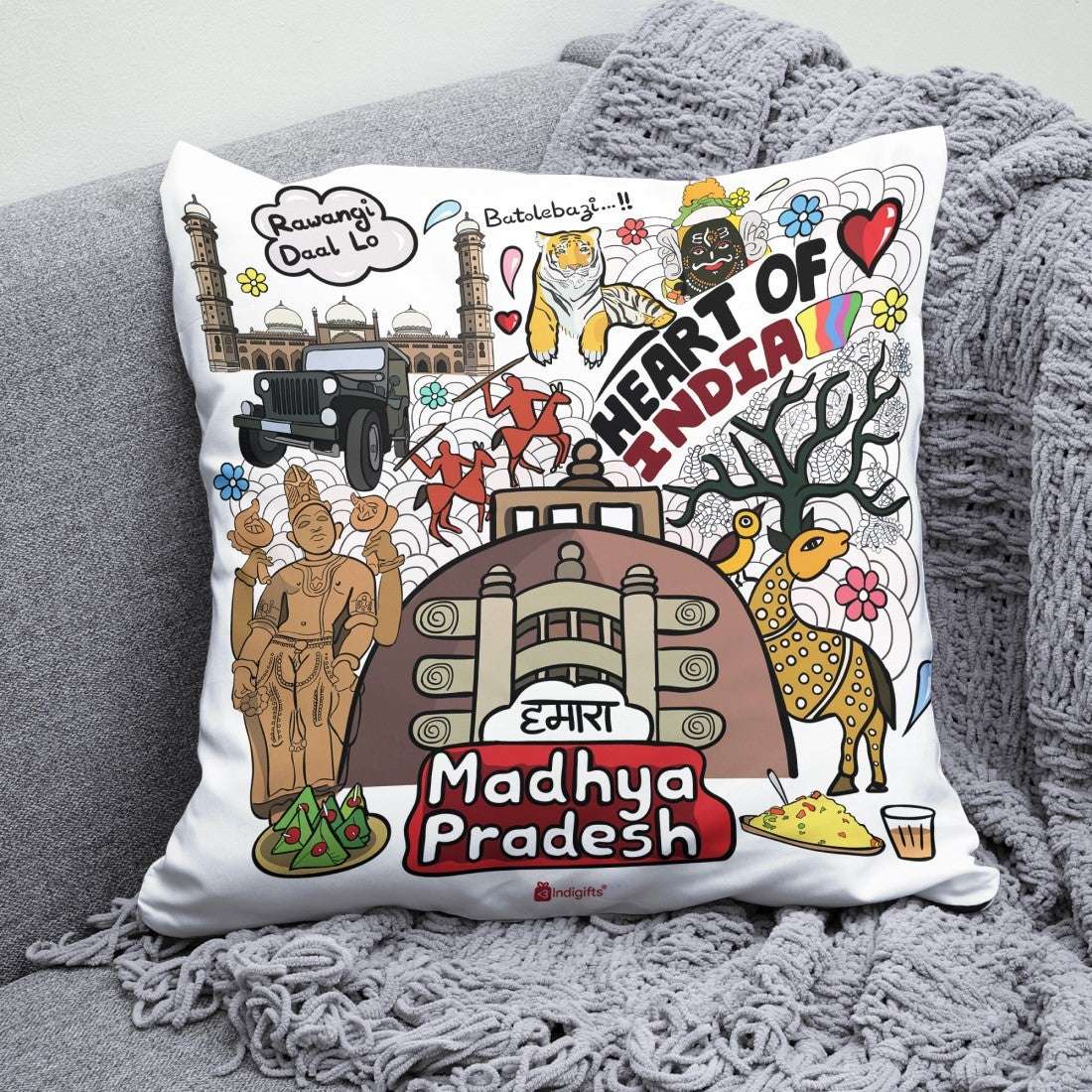 Madhya Pradesh - Doodle Art Reversible Zipper Cushion with Filler - Discovering India