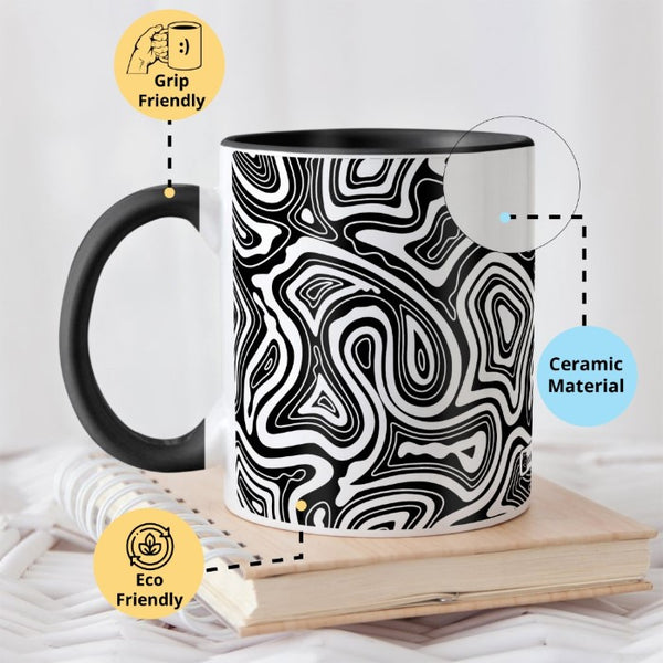 Decorated Coffee Mug, Red Handle Mug and Black Handle Mug Set of 2, Ceramic Printed Coffee Mug