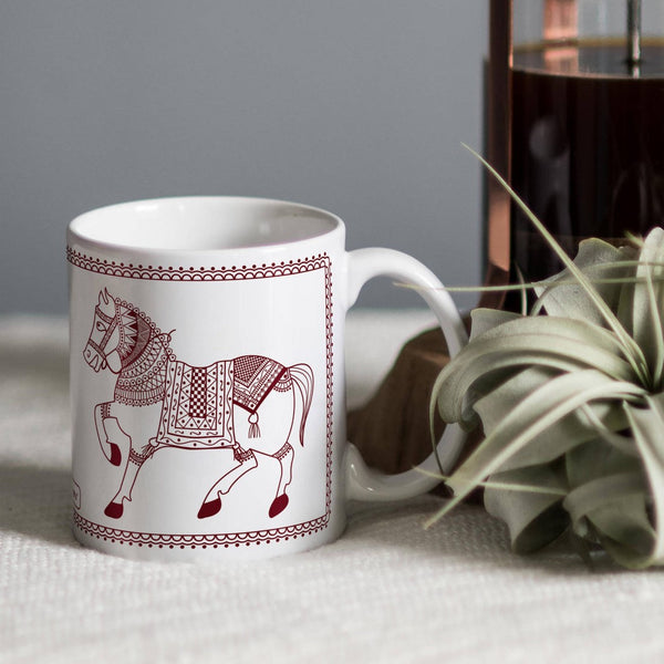 White Mandala Warli Themed Horse Printed Coffee Mug