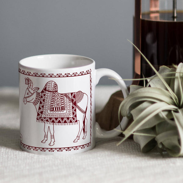 White Mandala Themed Ox Printed Coffee Mug