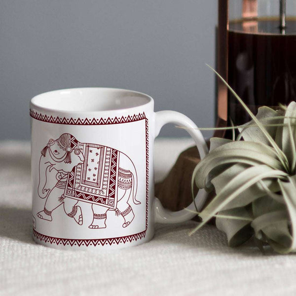 White Ethnic Themed Elephant Printed Coffee Cup