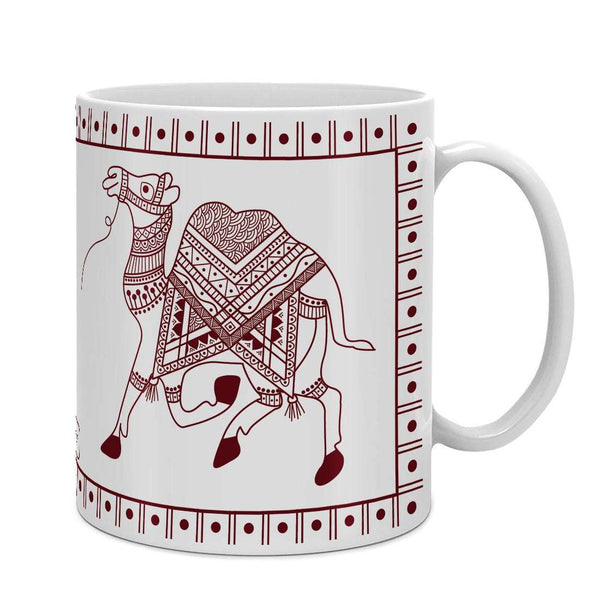 White Ethnic Themed Camel Printed Coffee Cup