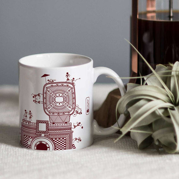 White Ethnic Warli Themed Camera Printed Coffee Mug
