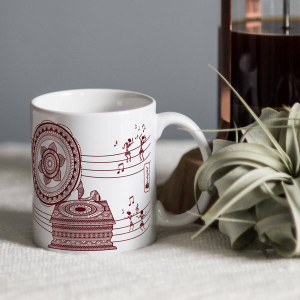White Mandala Warli Themed Gramophone Printed Coffee Cup