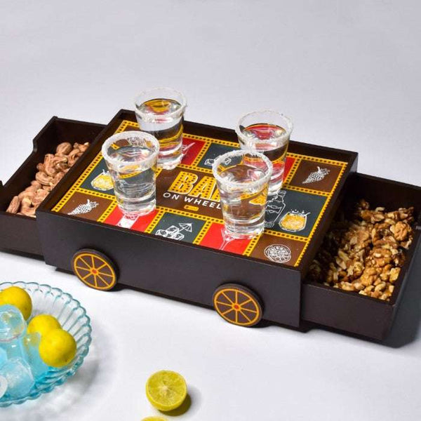 Bar On Wheels Printed Serving Trolley With Shots Glasses