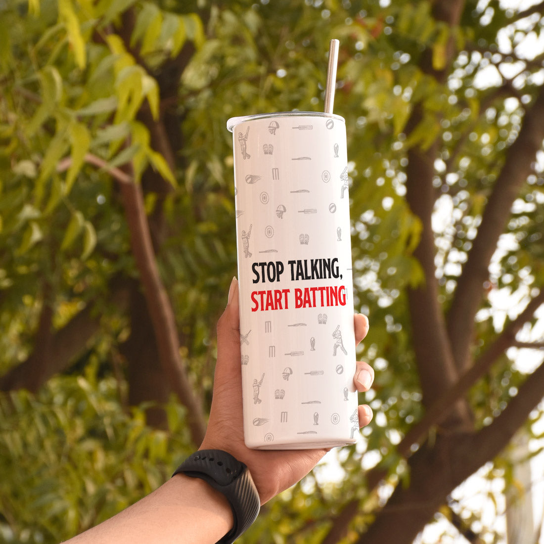 Stop Talking Start Batting Printed Tumbler With Lid And Steel Straw - 590 ML