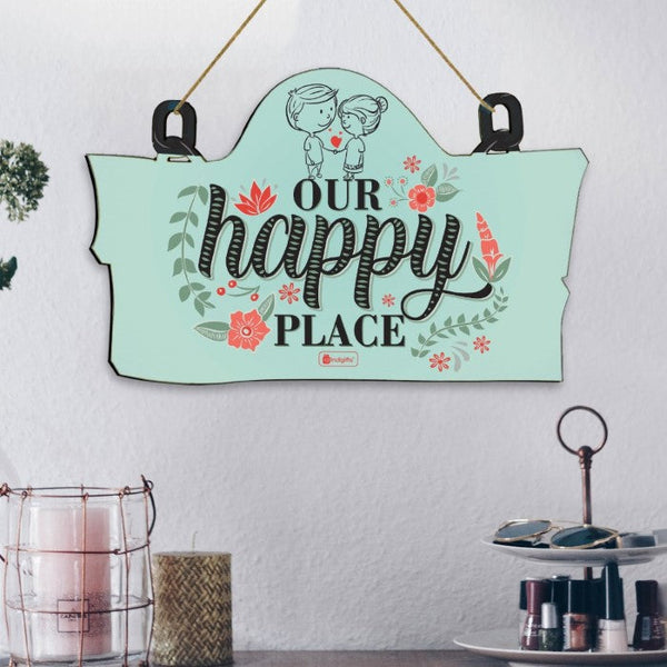 Our Happy Place Printed Wooden Door Wall Hanging For Valentines Gift
