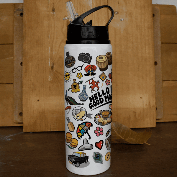 Good Morning Discovering India Doodle Print Aluminium Sipper Water Bottle