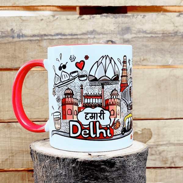 Delhi Discovering India Doodle Art Ceramic Mug With Color Handle