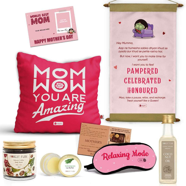 Customised Mom's Care Kit: Eye Mask, Scroll, Cushion, Organic Coconut Oil, Lip Balm, Coffee Scrub, Personalized Card For Mother's Day