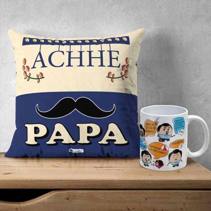 Gifts for Dad- Printed Multicolor Poly Satin Cushion and Ceramic Coffee Mug