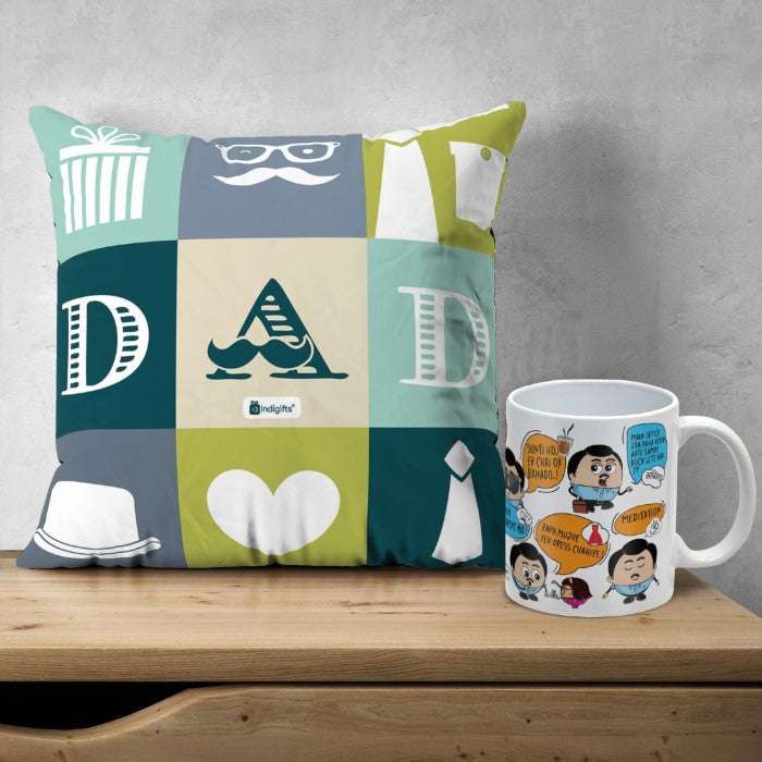 Gifts for Dad- Printed Multicolor Poly Satin Cushion and Ceramic Coffee Mug