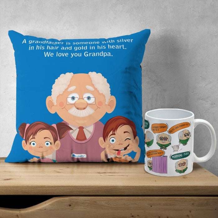 Grandfather Birthday Gifts Box - Quote Printed Multicolor Poly Satin Cushion and Ceramic Coffee Mug