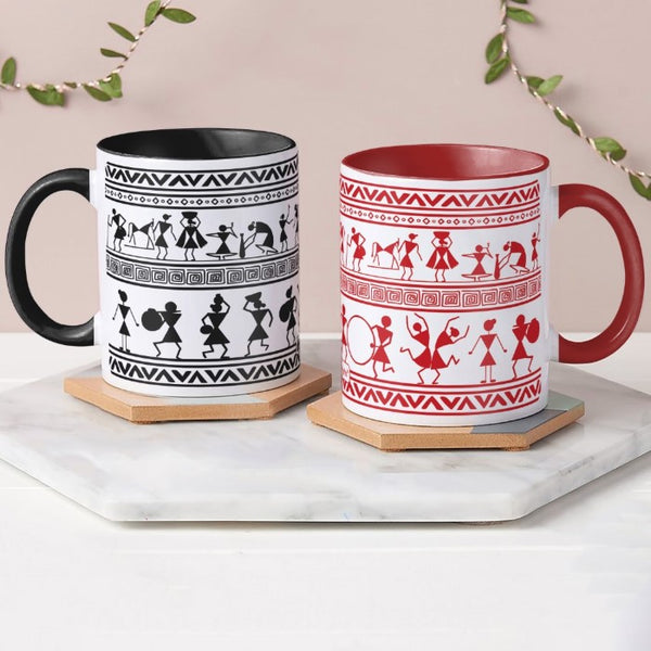 Decorated Coffee Mug, Red Handle Mug and Black Handle Mug Set of 2, Ceramic Printed Coffee Mug