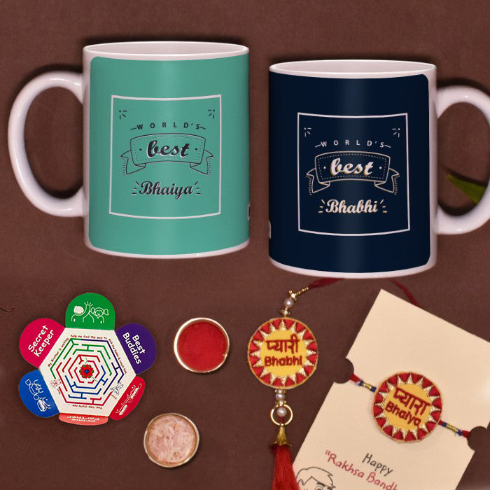 World's Best Bhaiya &amp; Bhabhi Coffee Mug with Brother and Sister in law embroidery Rakhi