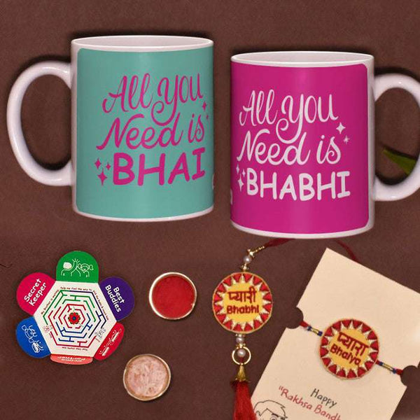 All You Need Is Bhai &amp; Bhabhi 2 Mugs with Bhaiya Bhabhi Embroidery Rakhi Combo