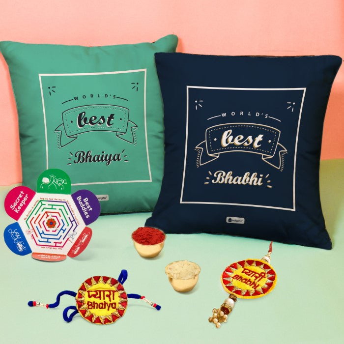 World's Best Bhaiya &amp; Bhabhi Cushion with Brother and Sister in law embroidery Rakhi