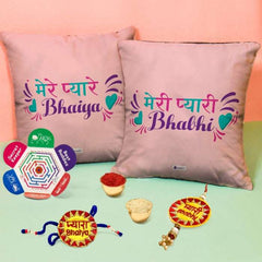 Pyare Bhaiya &amp; Bhabhi Cushion with Handcrafted Bhai and Bhabhi Rakhi