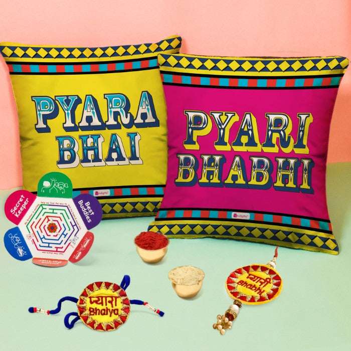 Pyara Bhai &amp; Bhabhi Cushion with Handcrafted Bhai and Bhabhi Rakhi