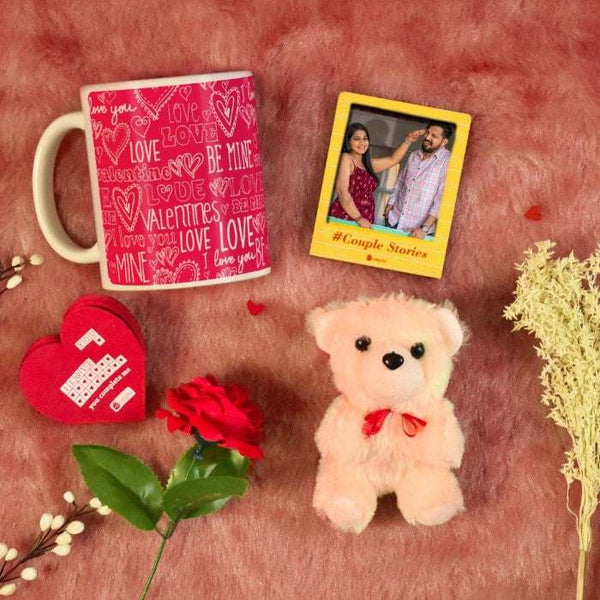 Be Mine Printed Coffee Mug, Photo Magnet &amp; Cute Teddy For Valentine's Gift Combo