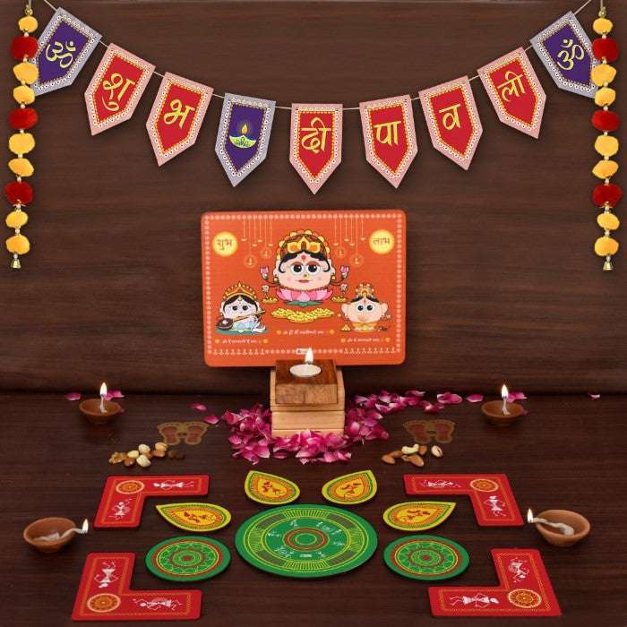 Laxmi Ganesh Stand Shubh Diwali Bunting and Designer Rangoli Gifting Box