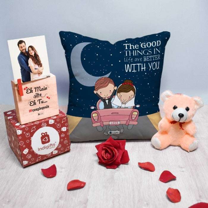 Good Things Are Better With You Printed Cushion Cover with Filler, Love Message Card, Wooden Photo Stand, Cute Teddy &amp; Artificial Red Rose