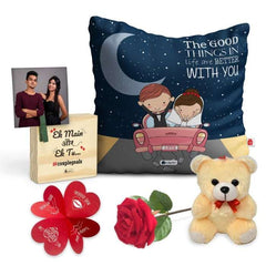 Good Things Are Better With You Printed Cushion Cover with Filler, Love Message Card, Wooden Photo Stand, Cute Teddy &amp; Artificial Red Rose