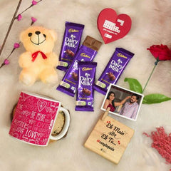 Coffee Mug, Wooden Frame, Teddy, Rose and Cadbury Chocolates Valentine Gift Hamper