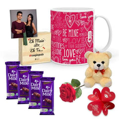 Coffee Mug, Wooden Frame, Teddy, Rose and Cadbury Chocolates Valentine Gift Hamper