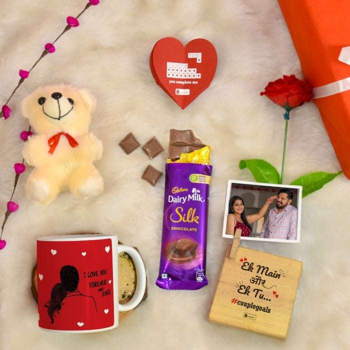 Mug, Wooden Photo Stand, Teddy, Rose With Cadbury Dairy Milk Silk Gift For Valentine