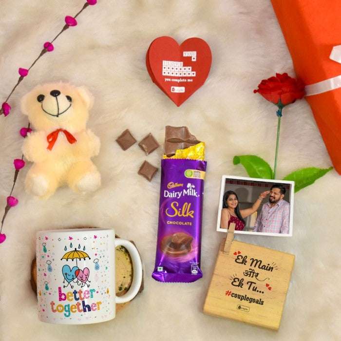 Mug, Wooden Photo Stand, Teddy, Rose With Cadbury Dairy Milk Silk Gift For Valentine