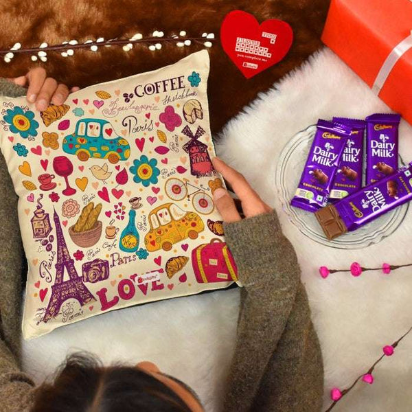 Doodle Art Printed Cushion with 4 Cadbury Dairy Milk Chocolates Gift For Boyfriend