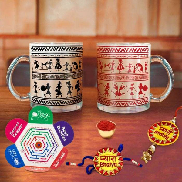 Rakshabandhan Gifts Combos Transperant Mug Set Of 2, Rakhi, Roli, Chawal With Card