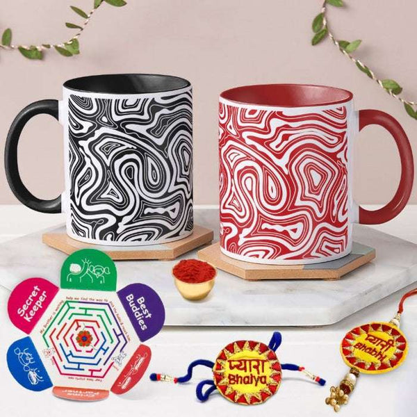 Gift Hamper For Rakhi Red and Black Handle Mug Set, Rakhi, Roli, Chawal With Card