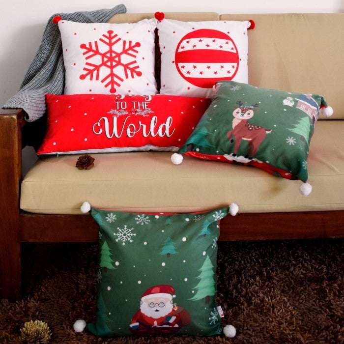 Christmas Gift Hamper Joy Of the Word Quotes Printed Reversible Cushion Set Of 5, Red, Green, White