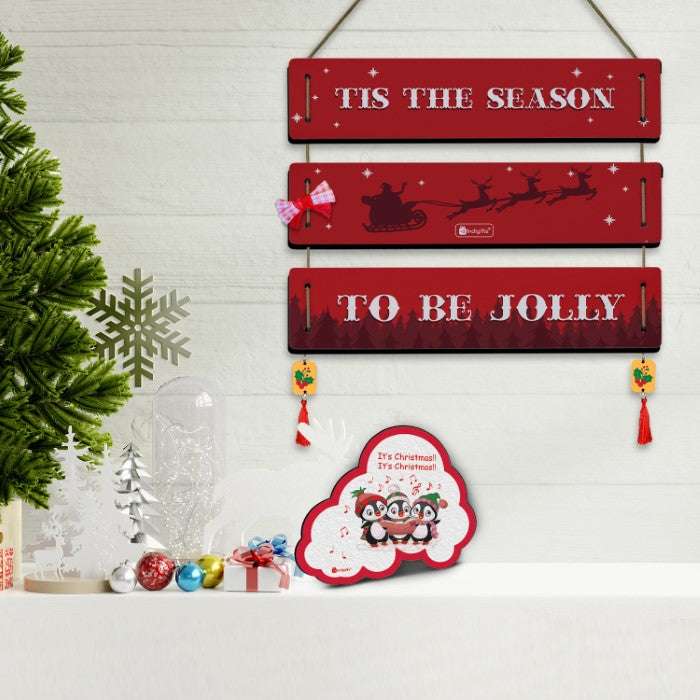 Christmas Wall Hanging For Decoration TIS the Season to Be Jolly Quotes Printed Red 3 Panel Wall Hanging and Fridge Magnet For Christmas Decoration