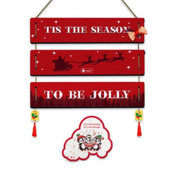 Christmas Wall Hanging For Decoration TIS the Season to Be Jolly Quotes Printed Red 3 Panel Wall Hanging and Fridge Magnet For Christmas Decoration