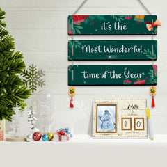 TIS the Season to Be Jolly Quotes Printed 3 Panel Wall Hanging and Brown Fridge Magnet