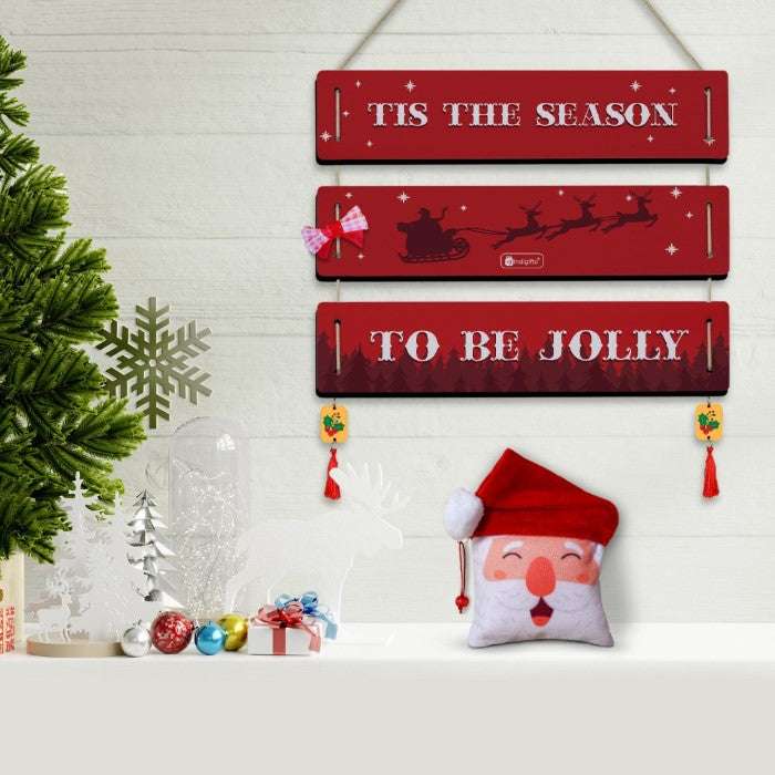 Christmas Decoration Gift Quotes Printed Red 3 Panel Hanging, Cherry Hanging, Ribbon Bow and Revesible Santa Soft Toy