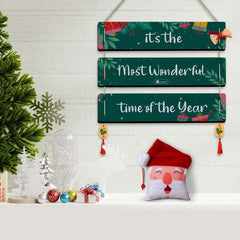 Christmas Decoration Gift Quotes Printed Teal 3 Panel Hanging, Cherry Hanging, Ribbon Bow and Revesible Santa Soft Toy