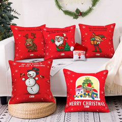 Christmas Cushion Covers Merry Christmas Characters Printed Set of 5 Red Pillow Covers 12X12 Inches with Filler and Revesible Santa Soft Toy