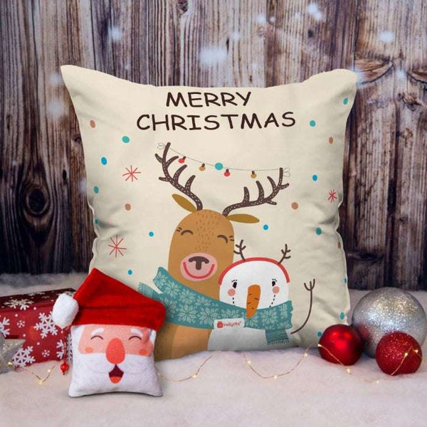 Christmas Hug Print Grey Cushion Cover 12x12 with Filler and Revesible Santa Soft Toy