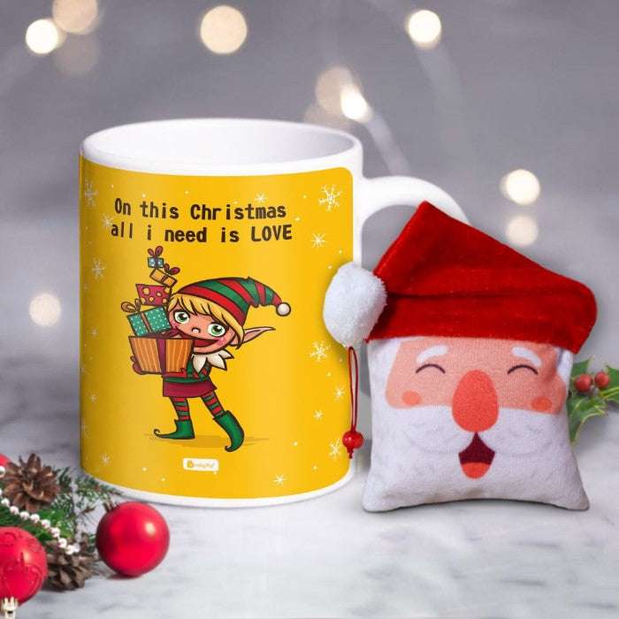 Christmas Decoration Items For Gift Ceramic Mug and Revesible Santa Soft Toy