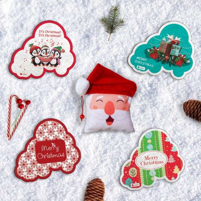 Christmas Gifts for Kids Merry Christmas Quote Printed Cute Xmas Fridge Magnet 7 x 9 cm Set of 4 and Revesible Santa Soft Toy