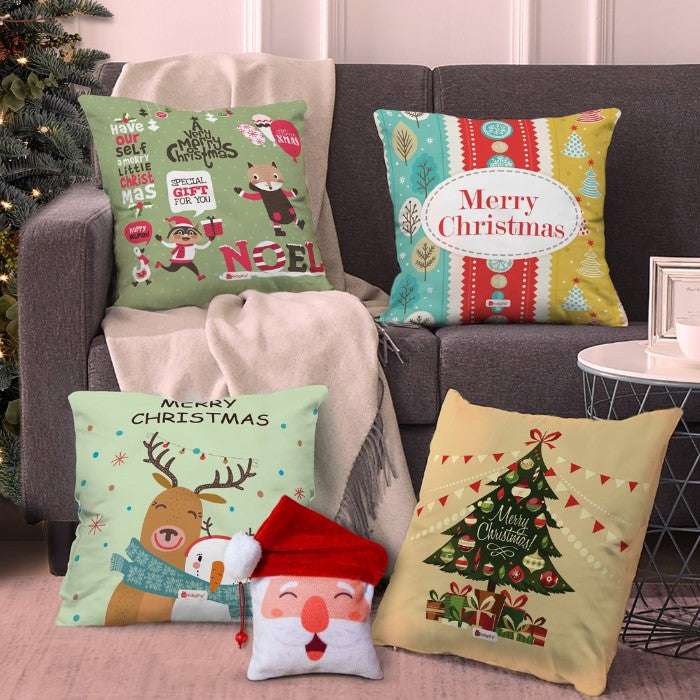 Christmas Decorations for House Christmas Themed Decor Multi Set of 4 Pillow Cushion Cover 16x16 inches and Reversible Santa Soft Toy