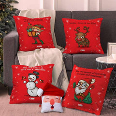 Christmas Characters Soft Poly Satin and Cotton Cushion Covers (16x16 Inches, Red)-Set of 4 and Revesible Santa Soft Toy