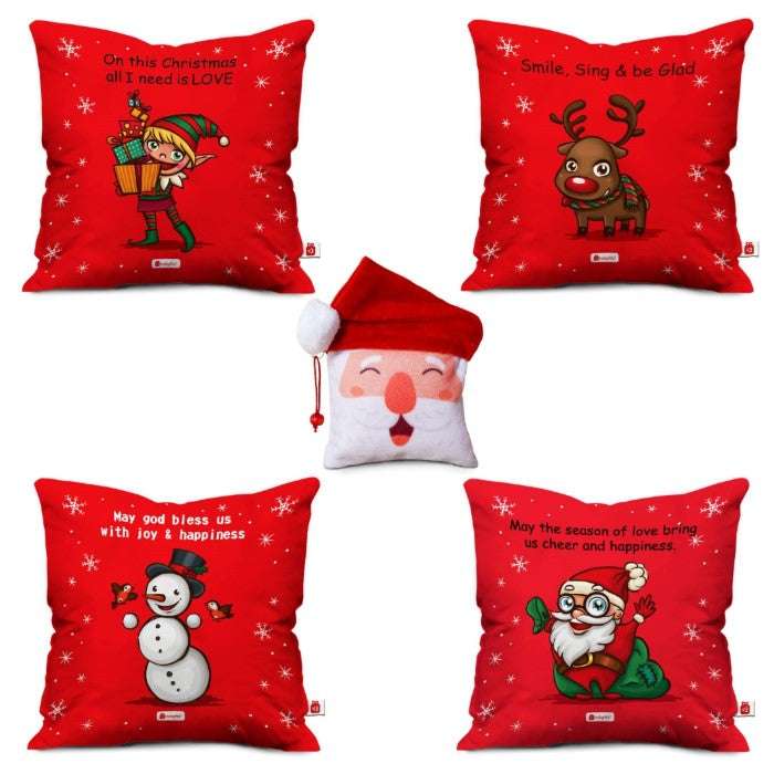 Christmas Characters Soft Poly Satin and Cotton Cushion Covers (16x16 Inches, Red)-Set of 4 and Revesible Santa Soft Toy